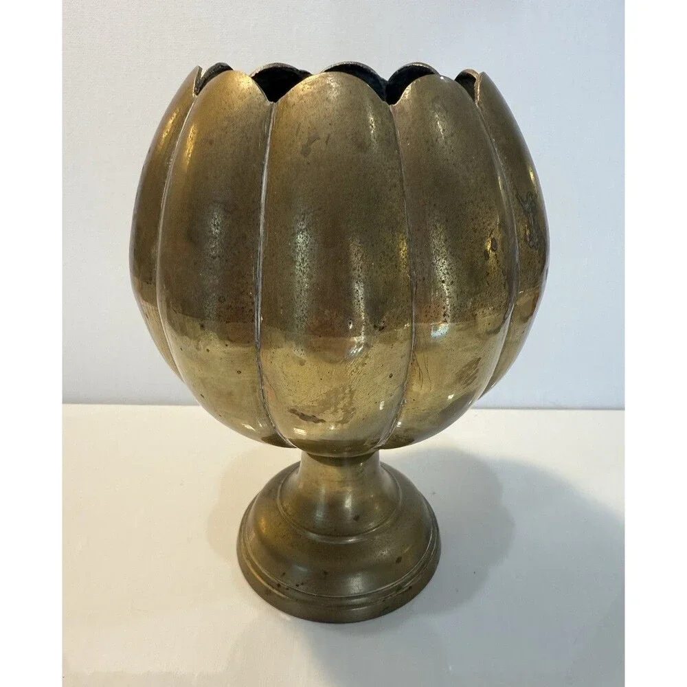 Vintage Brass Lotus Flower Pedestal Vase Scalloped Planter Urn India 7
